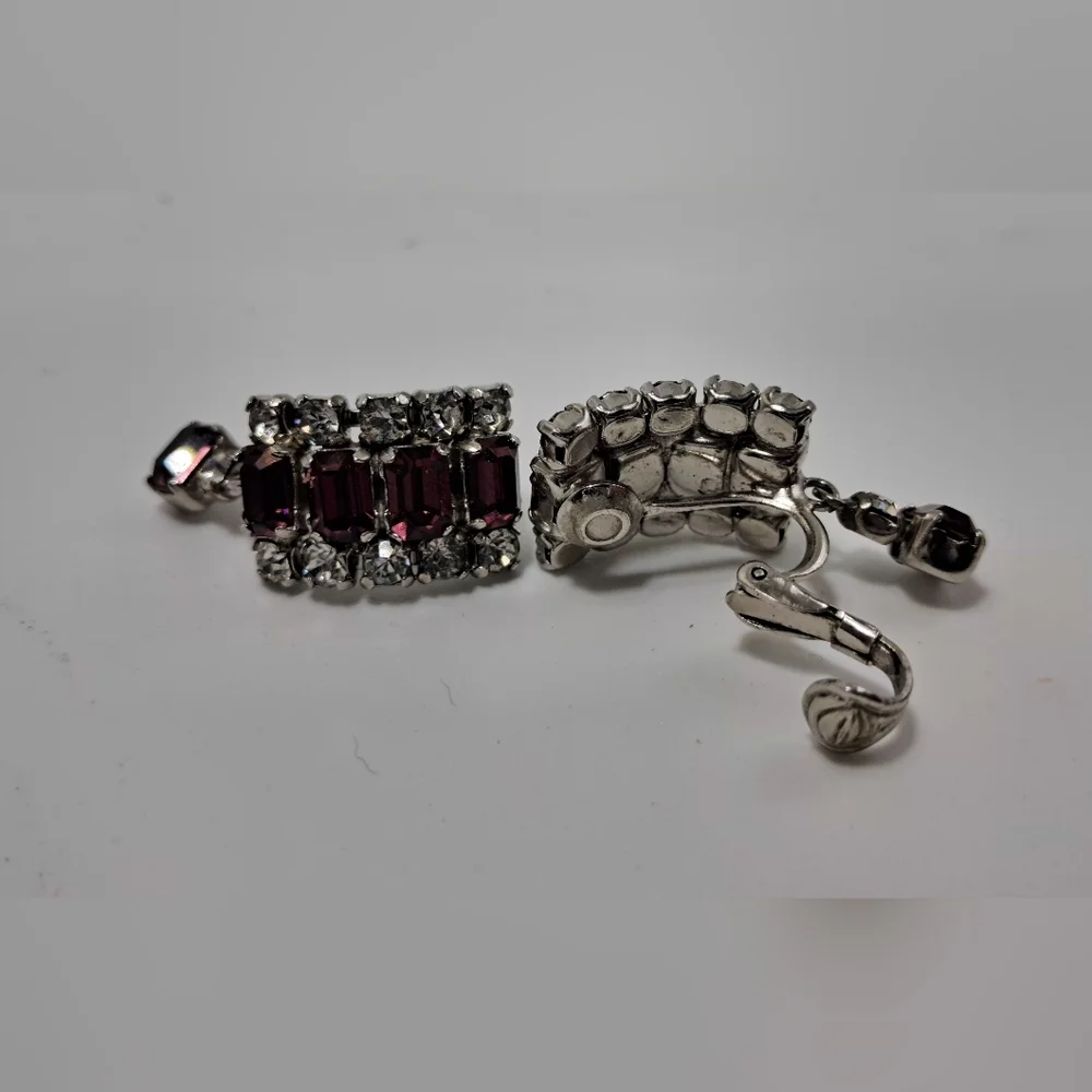 Vintage Silver Tone Rhinestone Clip On Earrings - Picture 2 of 3